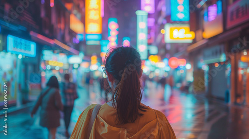 Woman walking in the neon city