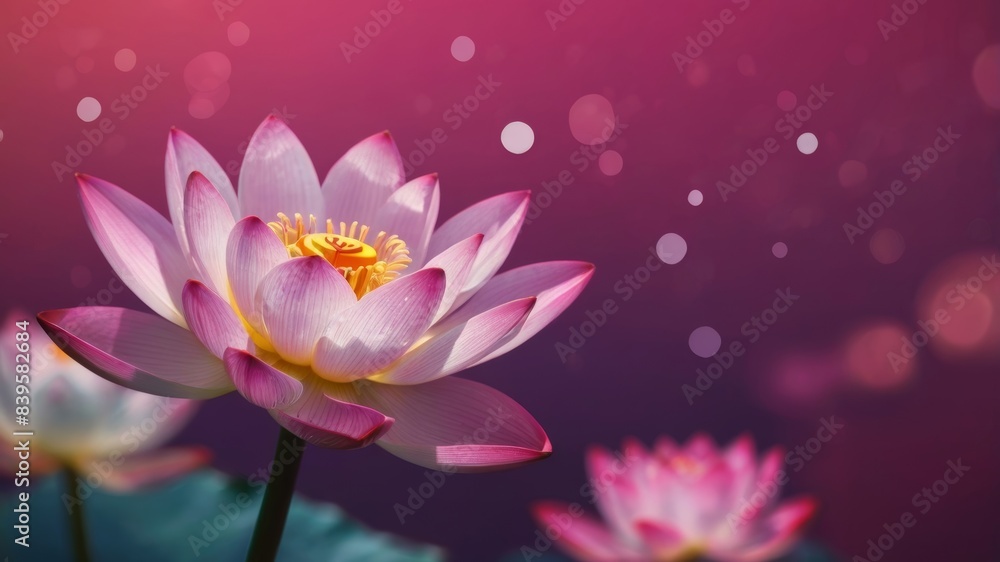 Pink lotus flower surrounded by light bubbles in the background. Blossoming beauty in a sea of light Pink lotus flower surrounded by light bubbles in the background. Blossoming beauty in a sea of light