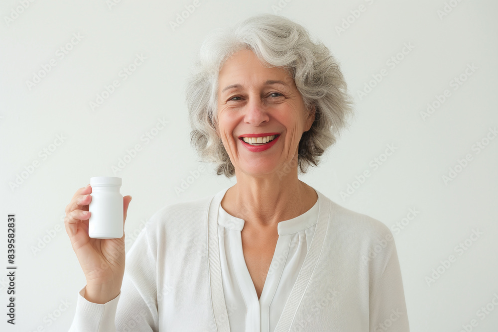 a Smiling adult woman of 65 years old stands on a white background, the woman is holding a white bottle of capsules in her right hand, the camera is close up focused on the bottle and her face, a Smiling adult woman of 65 years old stands on a white background, the woman is holding a white bottle of capsules in her right hand, the camera is close up focused on the bottle and her face,