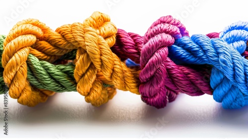 Colorful knotted ropes in bright rainbow hues on white background