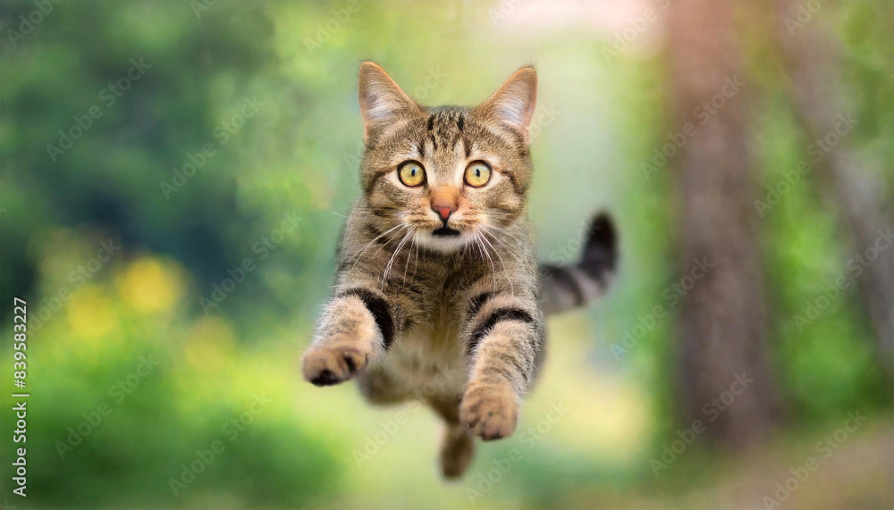 Fototapeta premium Cat scared, shocked expression, flying, blurred background.