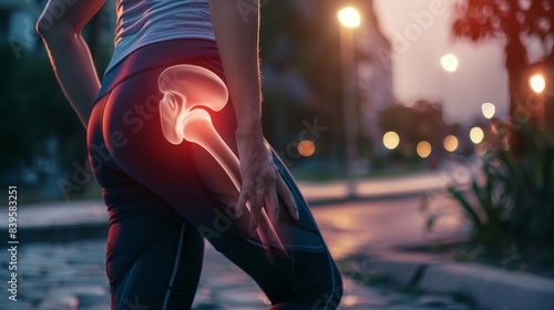 Woman with Hip Pain Holding Her Leg at Sunset