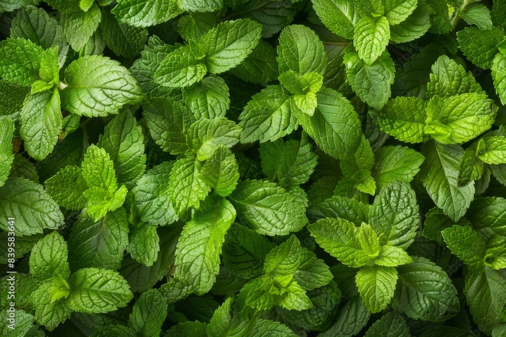 Many fresh lemon balm leaves texture background, fragrant spices pattern, Melissa officinalis mockup