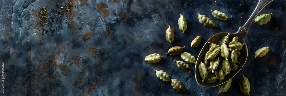 Stacks of cardamom pods close up photo on matte black background. Stacks of cardamom pods close up photo on matte black background.