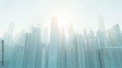 3D render style  A city skyline dominated by modern skyscrapers  with a clear sky providing a stunning backdrop for the architectural marvels0  Leading lines  centered in frame  natural light 