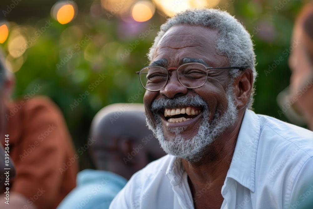 retired black diverse senior man at social gathering event, smiling. candid lifestyle moment retired black diverse senior man at social gathering event, smiling. candid lifestyle moment