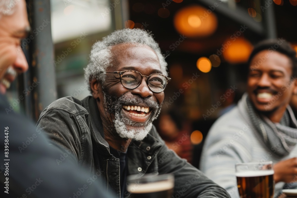 retired black diverse senior man at social gathering event, smiling. candid lifestyle moment