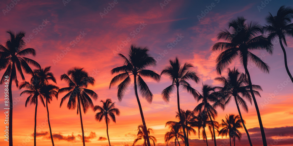 Silhouette Of Palm Trees Against Sunset Sky In Tropical Paradise. Generative AI Silhouette Of Palm Trees Against Sunset Sky In Tropical Paradise. Generative AI