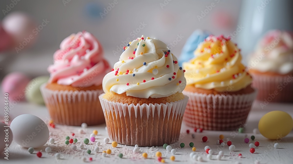 Close-up of four colorful cupcakes with creamy frosting and sprinkles, arranged on a light surface with soft focus background, evoking a festive and cheerful mood. Close-up of four colorful cupcakes with creamy frosting and sprinkles, arranged on a light surface with soft focus background, evoking a festive and cheerful mood.