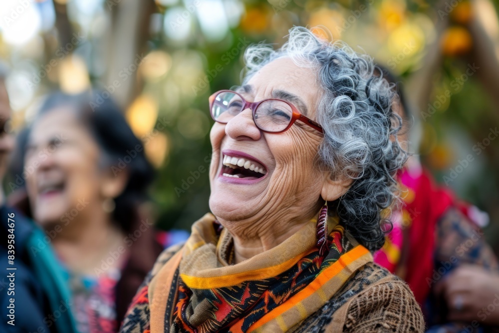 retired diverse senior woman in glasses at social gathering event, smiling. candid lifestyle moment retired diverse senior woman in glasses at social gathering event, smiling. candid lifestyle moment