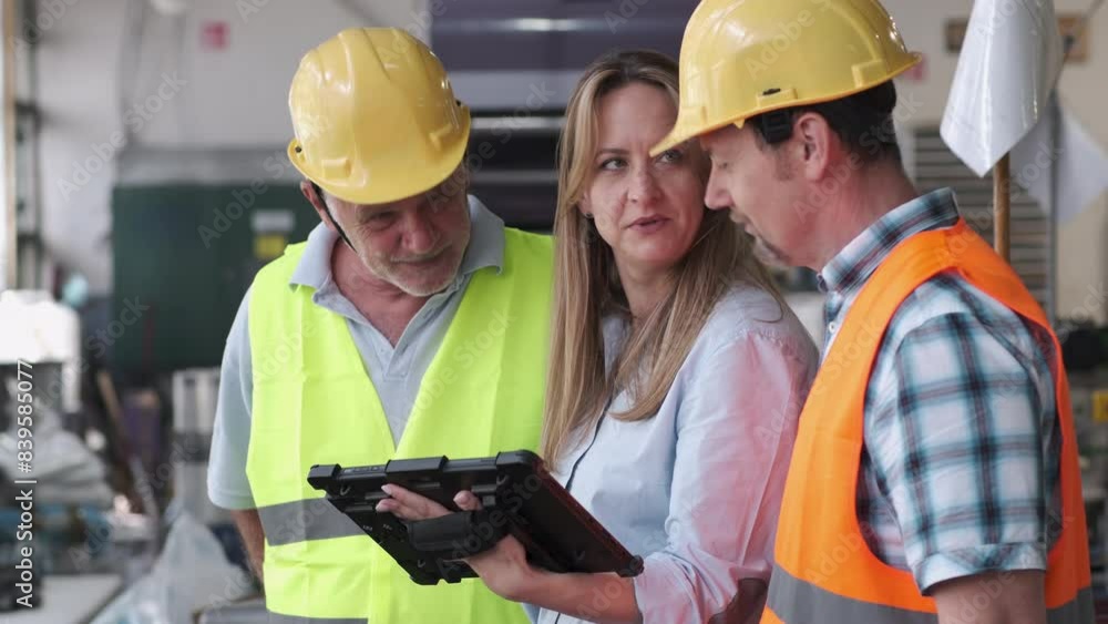 A supervisor stands confidently with workers on the factory line, using a tablet to check the numbers and quality of production.
A supervisor stands confidently with workers on the factory line, using a tablet to check the numbers and quality of production.