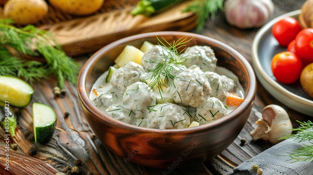 Cooked meatballs in dill sauce with boiled potatoes and fresh vegetables on wooden table Cooked meatballs in dill sauce with boiled potatoes and fresh vegetables on wooden table