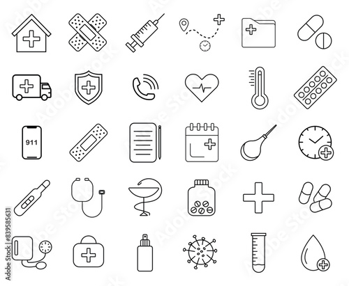 Medical set. Vector icons. 30 linear icons. Signs and symbols of medicine and pharmacology, hospital, doctor, tests, etc.