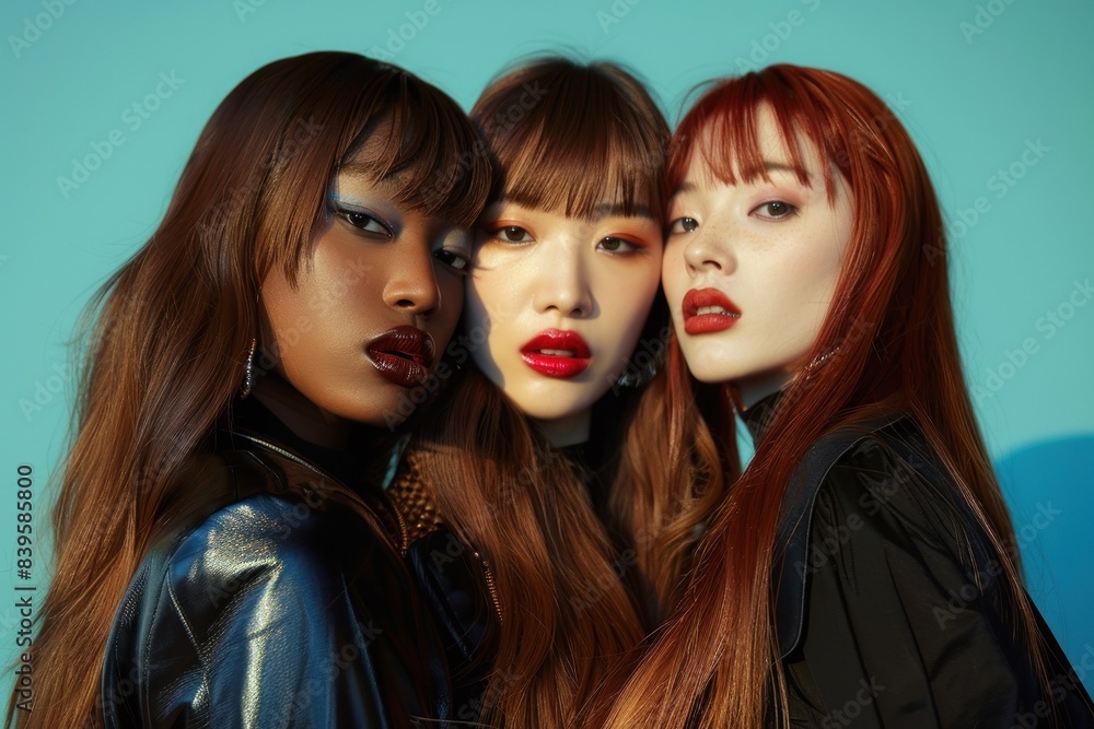 Edgy models with bold makeup and leather fashion Edgy models with bold makeup and leather fashion