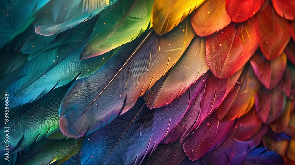 Obraz premium Generative AI, Beautiful rainbow colorful closeup feathers, photorealistic background, top view, aerial view.