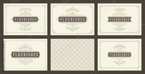 Vintage ornament greeting cards set templates flourish ornate frames and pattern background vector illustration