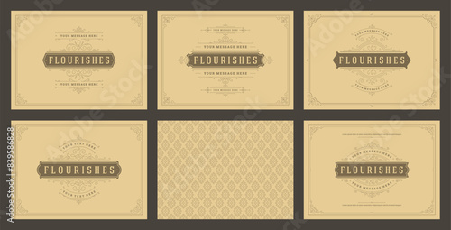Vintage ornament greeting cards set templates flourish ornate frames and pattern background vector illustration