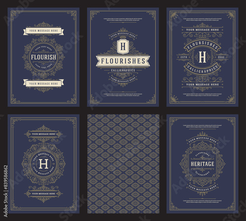 Vintage ornament greeting cards set templates flourish ornate frames and pattern background vector illustration