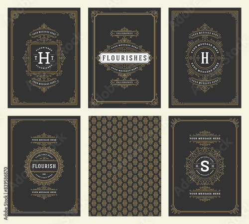 Vintage ornament greeting cards set templates flourish ornate frames and pattern background vector illustration