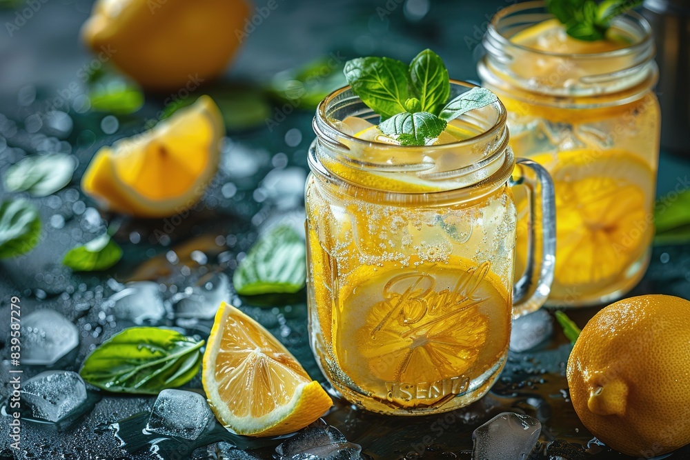 Lemonade with ice in a pitcher and glass on a wooden table with fruit and crushed ice Lemonade with ice in a pitcher and glass on a wooden table with fruit and crushed ice