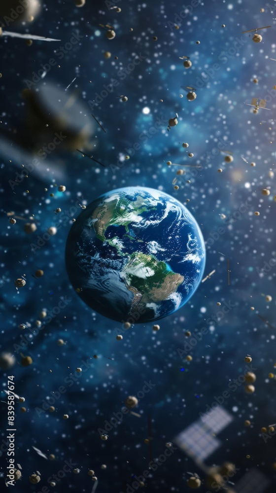 Obraz premium Planet Earth surrounded by asteroids and space debris. Visual representation of space hazards and environmental concerns. Ideal for educational and environmental projects.
