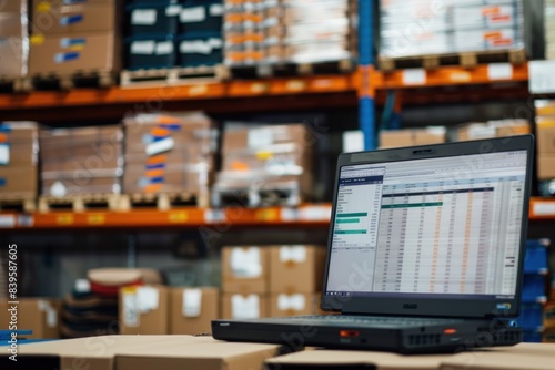 Laptop with logistics software in warehouse
