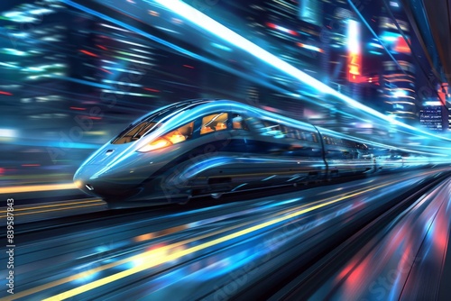 A dynamic close-up of a high-speed electric train speeding along elevated tracks  with futuristic design elements  and a blurred city background emphasizing its velocity