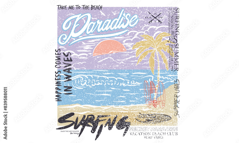 Obraz premium Beach paradise artwork. Palm beach club. Sunshine all the time. Sun vector graphic design for apparel, stickers, posters, background and others. Surfing club vector design.