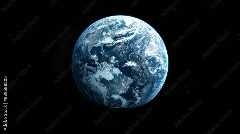 Stunning image of Earth in space against a black background. Captures the serene beauty and isolation of our planet. Ideal for space exploration and global unity themes.