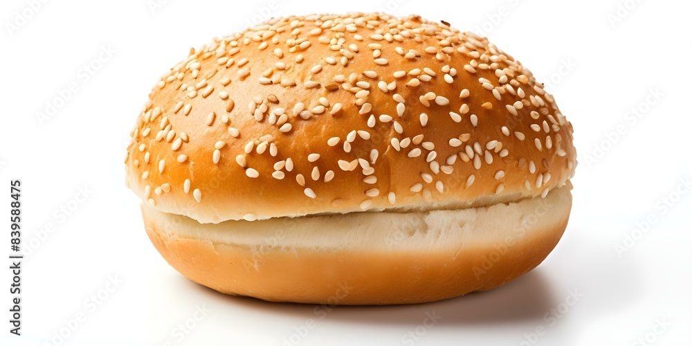 Top-down perspective of a new hamburger bun on a white background with sesame seeds. Concept Food Photography, Hamburger Bun, Top-down Shot, White Background, Sesame Seeds Top-down perspective of a new hamburger bun on a white background with sesame seeds. Concept Food Photography, Hamburger Bun, Top-down Shot, White Background, Sesame Seeds
