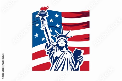 statue of liberty holding up torch, with an american flag in background, red white and blue colors only, bold outline, simple shapes Generative AI
