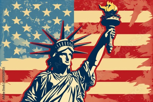 A red, white and blue American flag with the Statue of Liberty The statue is holding up its torch against an american flag background Generative AI