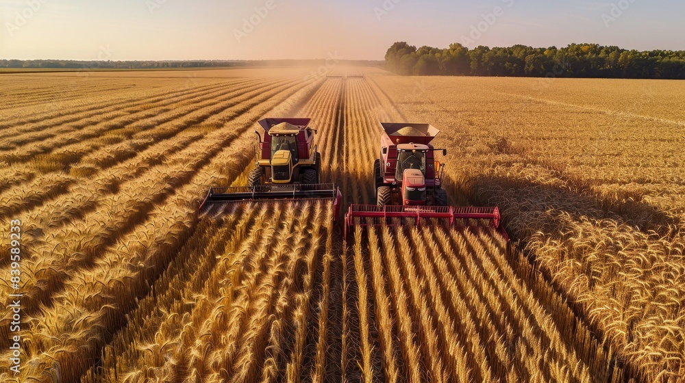 Fototapeta premium The image shows two combines harvesting a wheat field.