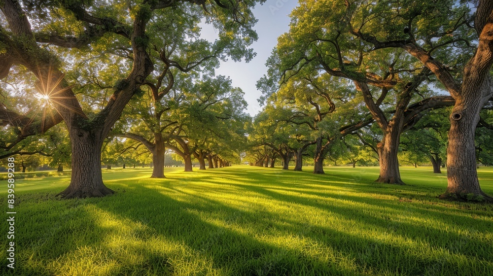 Naklejka premium The photo shows the view of a green meadow with big oak trees and the sun shining through them.