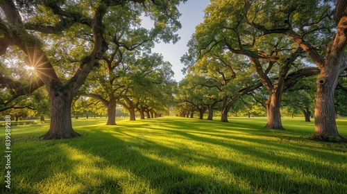 Fototapeta Naklejka Na Ścianę i Meble -  The photo shows the view of a green meadow with big oak trees and the sun shining through them.