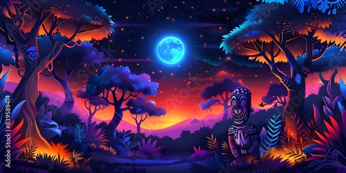 Festive Forest Tiki Man and Mask Moon Trees at Night. Concept Festive Theme, Forest Setting, Tiki Man, Mask Moon Trees, Nighttime Shoot