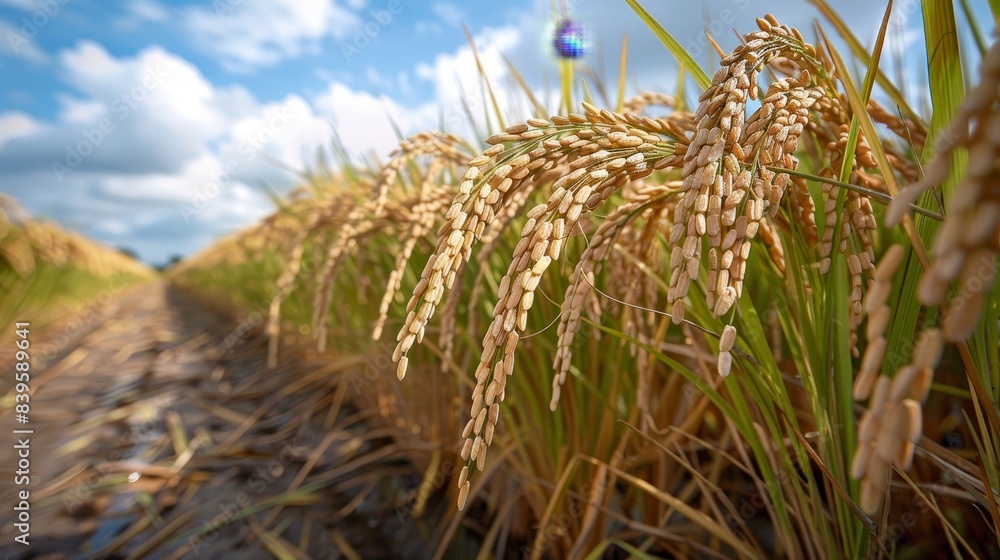 Fototapeta premium A golden rice field with a blue sky and white clouds in the background.