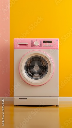 A pink washing machine is on a yellow background © itchaznong