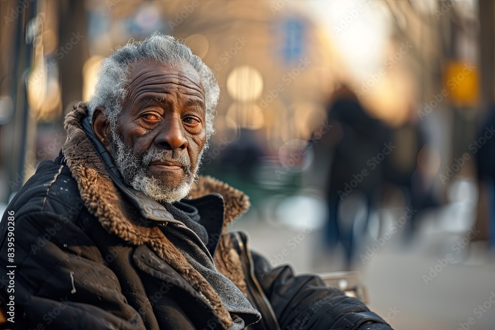 Naklejka premium Portrait of an elderly man sitting outdoors in a city setting