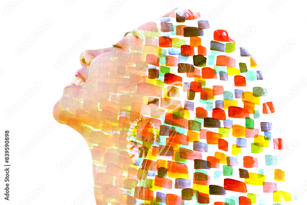 Obraz na plátně A colorful brush stroke pattern paintography of a happy woman