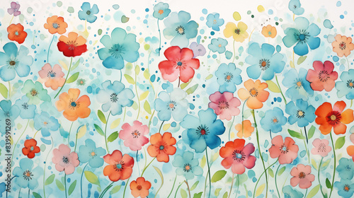 Colorful watercolor painting, field of flowers in various shades of blue, pink, red, orange, and yellow