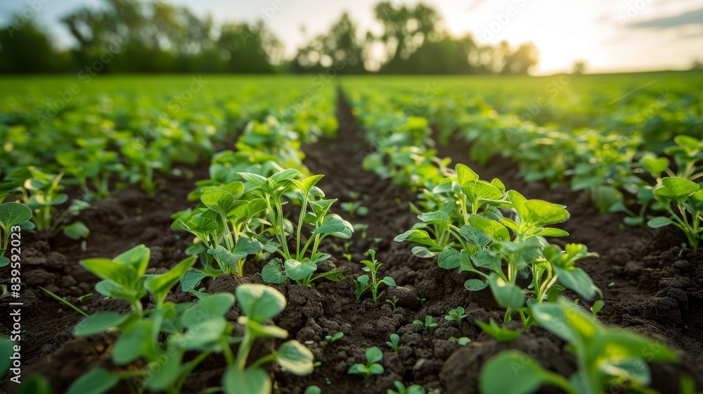 Field of green soybean plants growing in neat rows under the warm sunlight. Field of green soybean plants growing in neat rows under the warm sunlight.