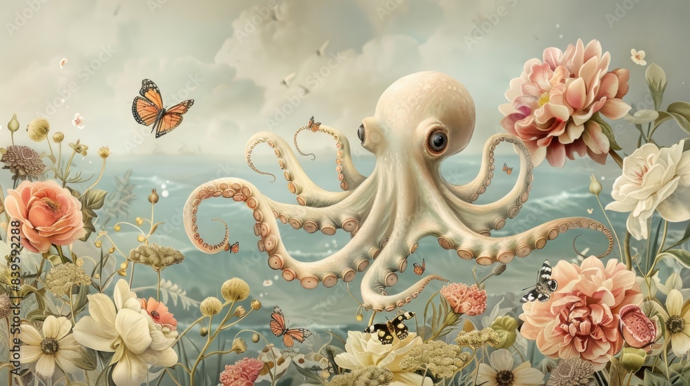 Obraz premium Adorable Octopus Gliding Through an Underwater Flower Garden