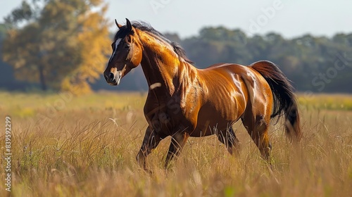 A beautiful brown horse is running in a lush green field. Its mane and tail are flowing in the wind. The horse is a symbol of freedom and adventure.