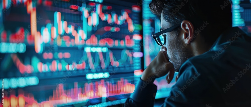 Man analyzing financial data on screens Man analyzing financial data on screens