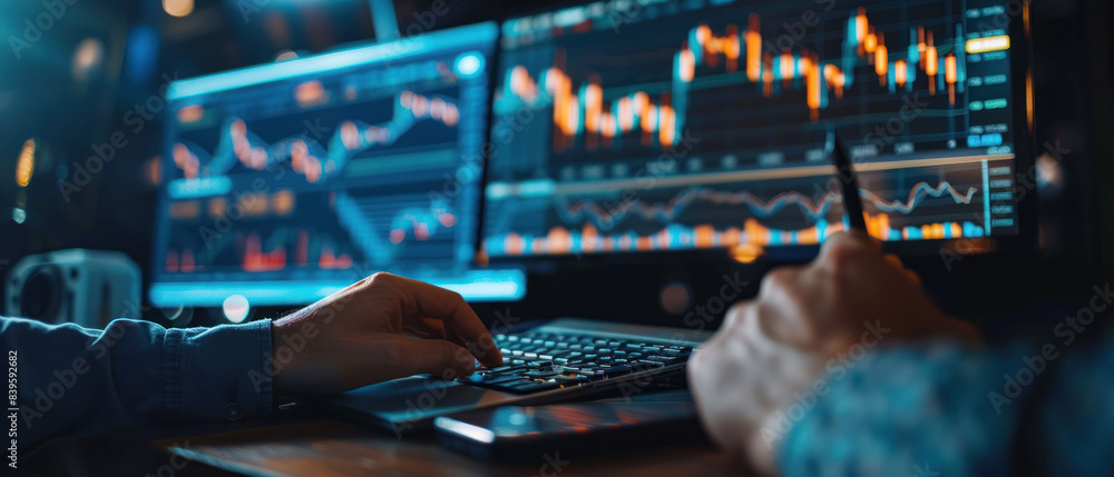 Analyst typing on keyboard with data charts Analyst typing on keyboard with data charts