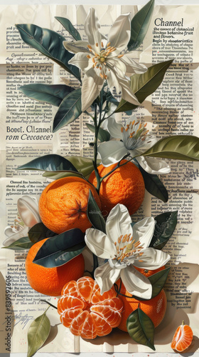 Botanical illustration in vintage style with fruits and flowers of clementine on a sheet of old newspaper or book background. Retro style. Pastel tones. AI Generated