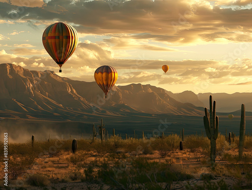 hot air balloon flying over region country photo