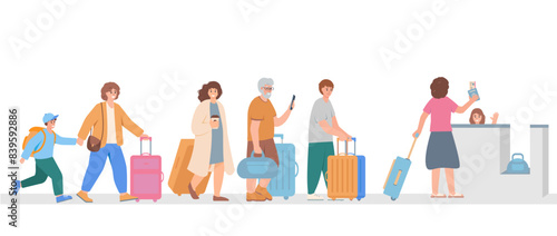 Traveling People with suitcases and bags in line at check-in. Set of Traveler departing Characters. Travel Destinations concept. Vector illustrations isolated on white background.