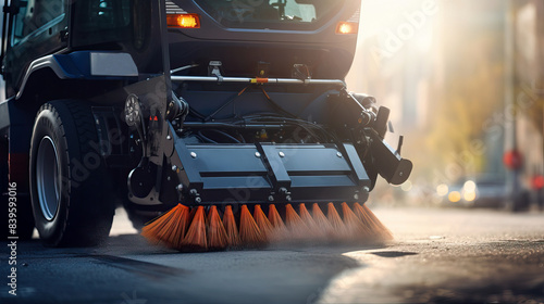 Street Sweeping Machine Cleaning City Roads on a Sunny Day